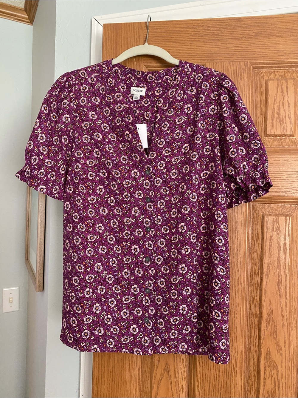 J. Crew Purple Floral Button-Front Puff Sleeve Top